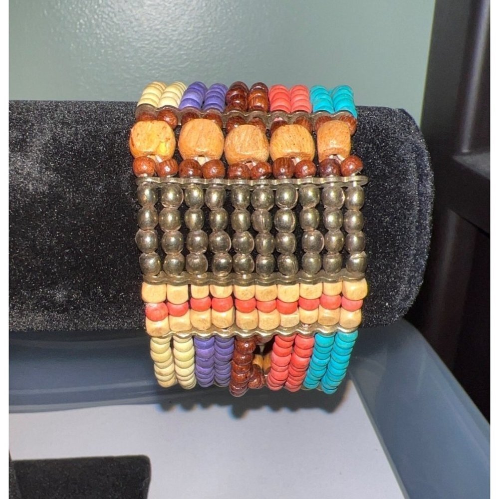 Artisan Multi-Strand And Wood Bead Stretch Bracelet
